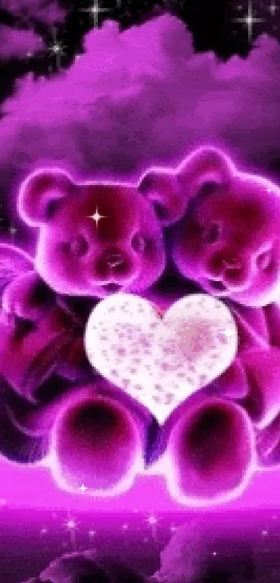 Two neon teddy bears holding a heart against a purple night sky.