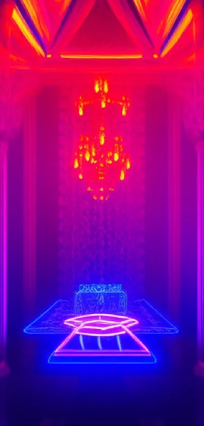 Glowing neon temple with pink hues and intricate design.