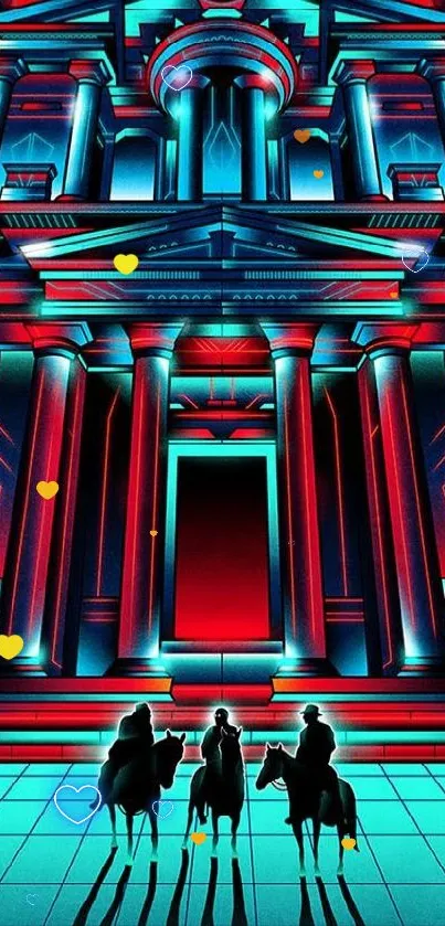 Neon temple with vibrant red and teal hues on mobile wallpaper.