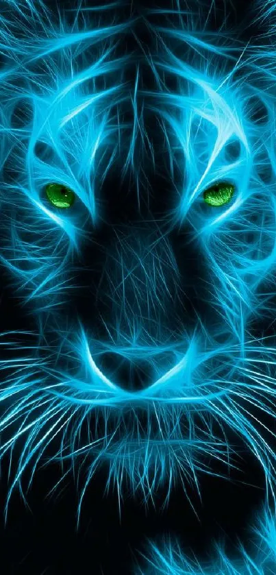 Neon blue abstract tiger with glowing green eyes wallpaper.