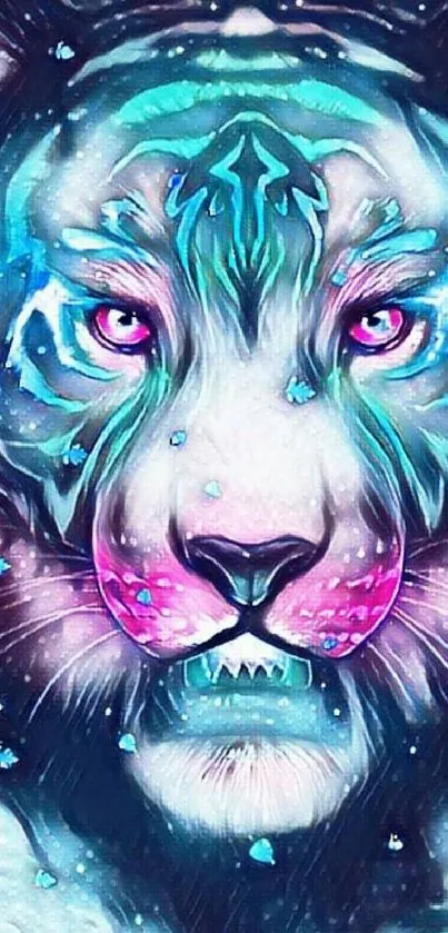 Neon tiger face with vivid blues and pinks for artistic phone wallpaper.