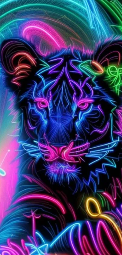 Vibrant neon artwork of a tiger with colorful geometric lines.