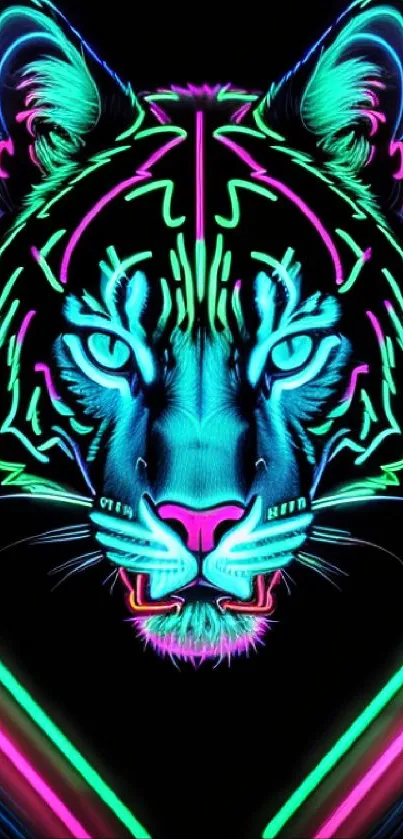 Neon tiger with vibrant colors in blue, pink, and green glowing on a dark background.