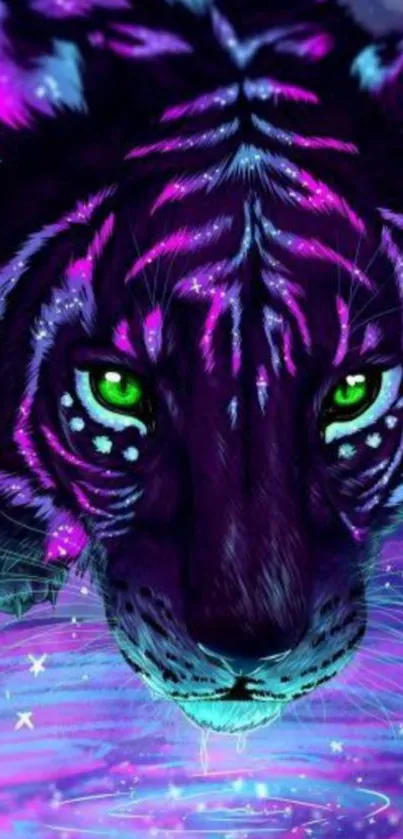 Artistic neon tiger with vibrant colors and purple hues in a digital illustration.