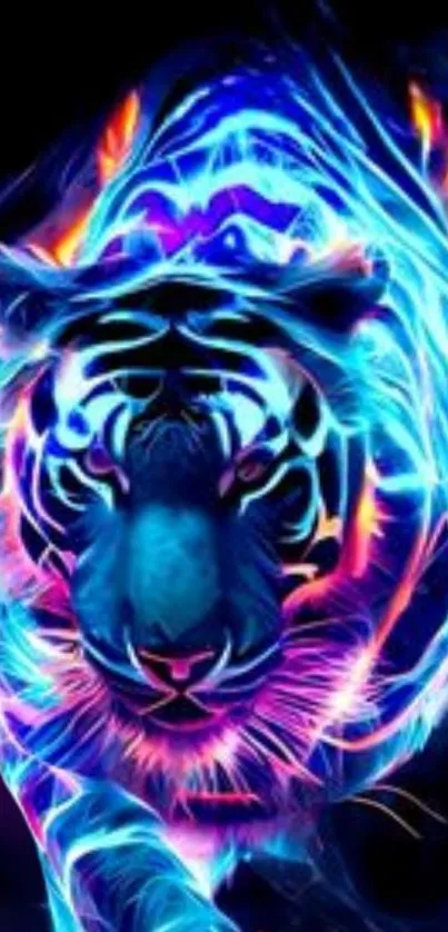 Neon tiger with blue and orange glow, perfect for phone wallpaper.