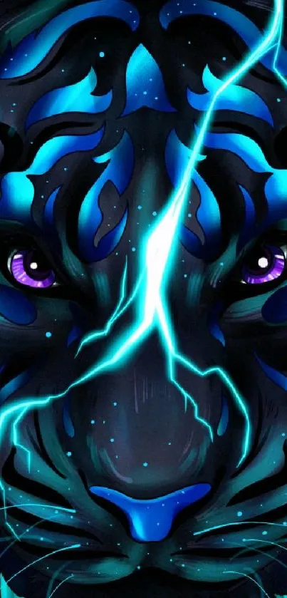 Neon tiger face with electric blue tones for mobile wallpaper.