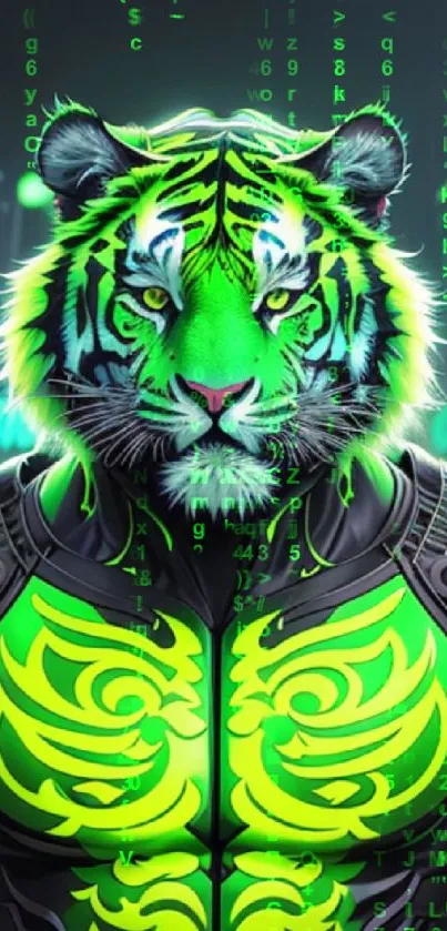 A futuristic neon green tiger design with a cyberpunk aesthetic.