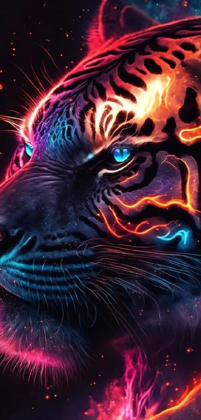 Vibrant neon tiger artwork with fiery and electric hues for mobile wallpaper.