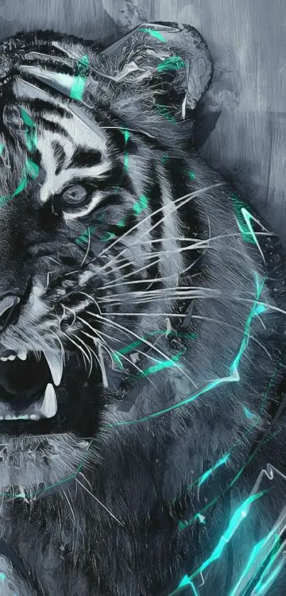 A fierce tiger with neon blue accents on a dark gray background wallpaper.