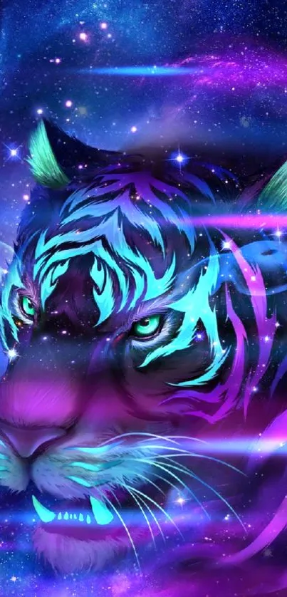 Neon tiger in a cosmic galaxy background wallpaper.