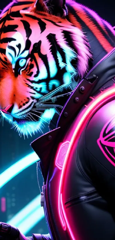 Neon-lit cyberpunk tiger in futuristic attire.