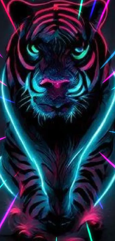 Neon tiger with glowing stripes in dark setting, vibrant pink and blue hues.