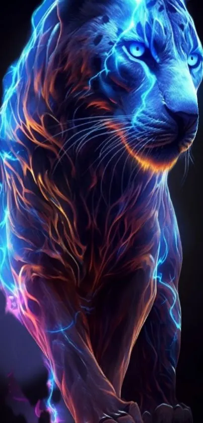 Neon tiger artwork with blue and orange hues