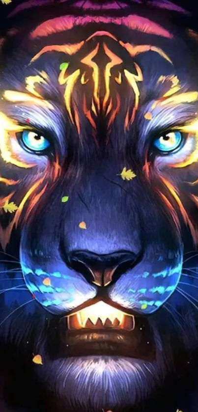 Neon tiger digital art wallpaper with vivid blue and orange hues.