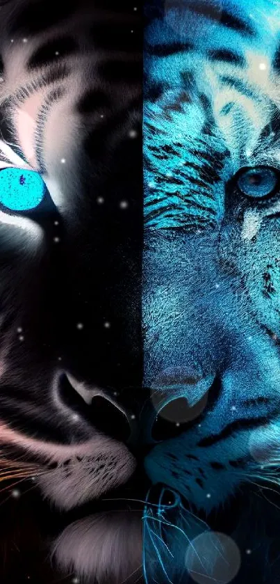 Neon tiger face in dual contrast with blue and dark tones.