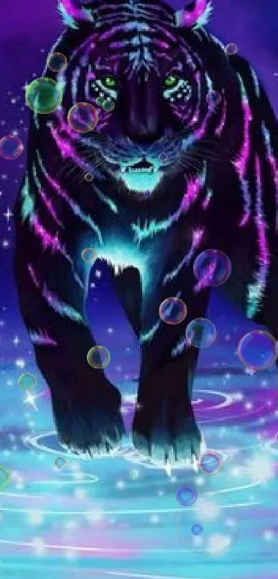 Neon tiger in a mystical digital art setting with vibrant purple and blue hues.