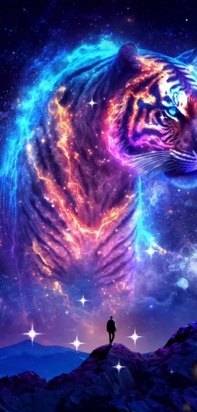 Surreal neon tiger projection against a starry galaxy backdrop.