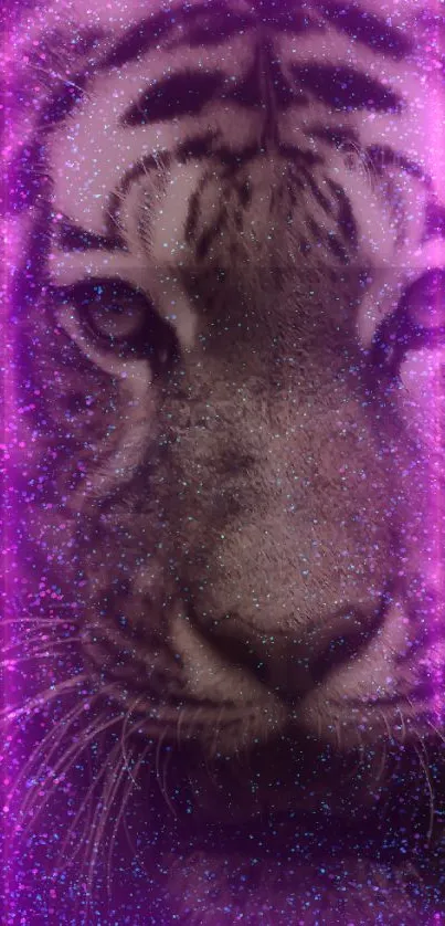 Vibrant neon purple tiger wallpaper with sparkling effects.