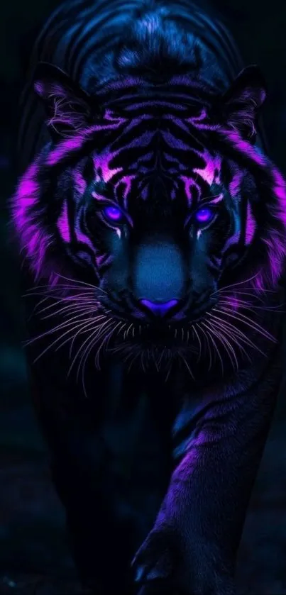 Neon glowing tiger in a dark jungle setting.