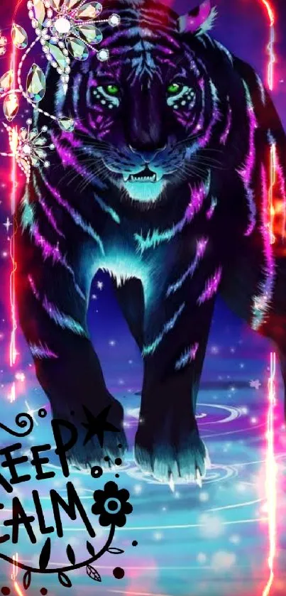 Neon tiger with 'Keep Calm' message on vibrant purple background.