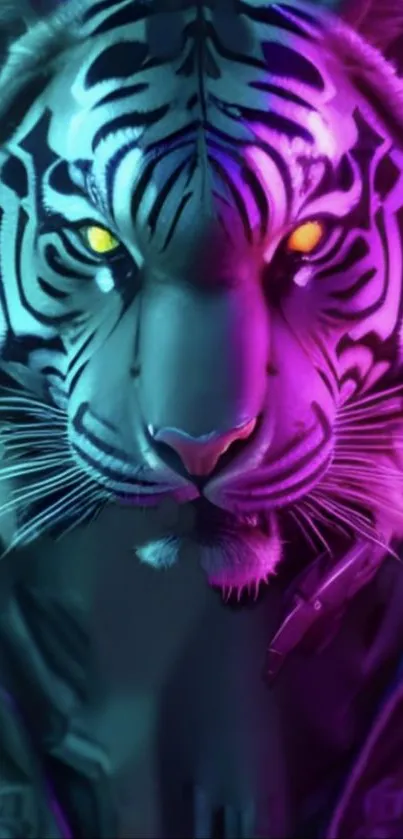 Neon tiger with vibrant colors and artistic design for mobile wallpaper.