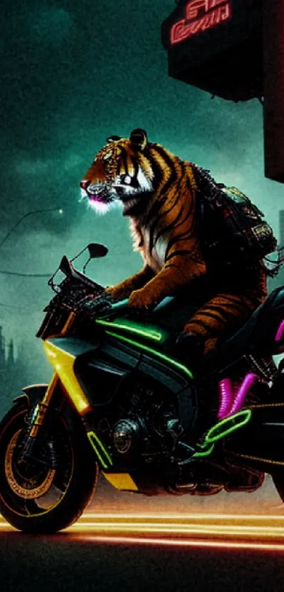 Tiger riding a neon motorcycle in cyberpunk city.