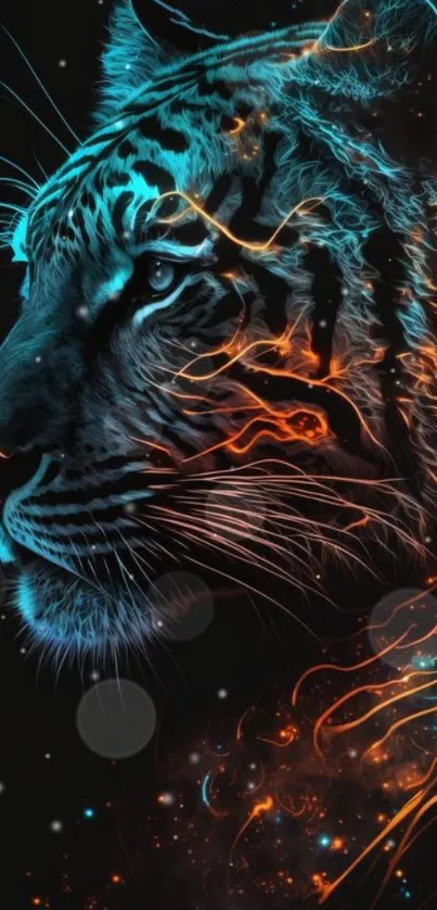 Neon tiger illustration with vivid colors and abstract background.