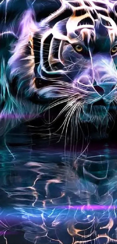 Neon tiger reflected in water, digital art.