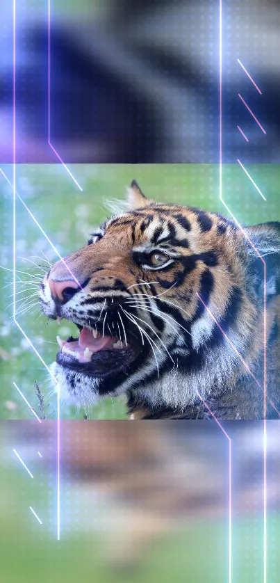 Roaring tiger with neon effects in a digital wallpaper.