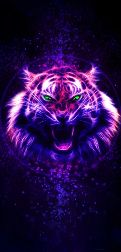 Neon tiger head with purple glow and green eyes on a black background.