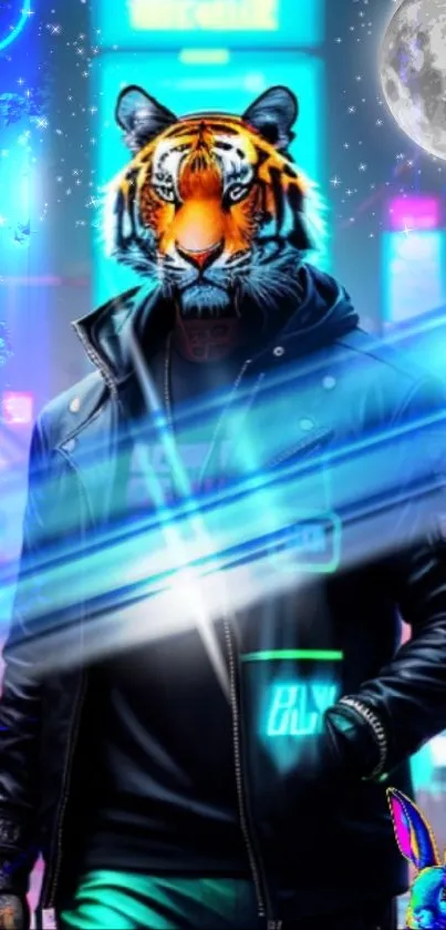 Futuristic neon tiger street style wallpaper with a cityscape background.