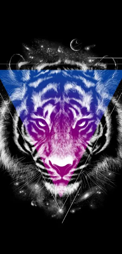 Neon tiger face in triangular design with cosmic background.