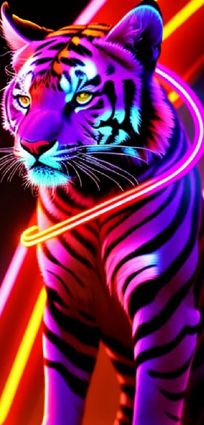 Vibrant neon tiger with glowing stripes on mobile wallpaper.