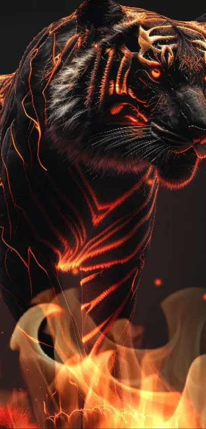 Neon-glowing tiger with fiery stripes on a dark background, dynamic and fierce.