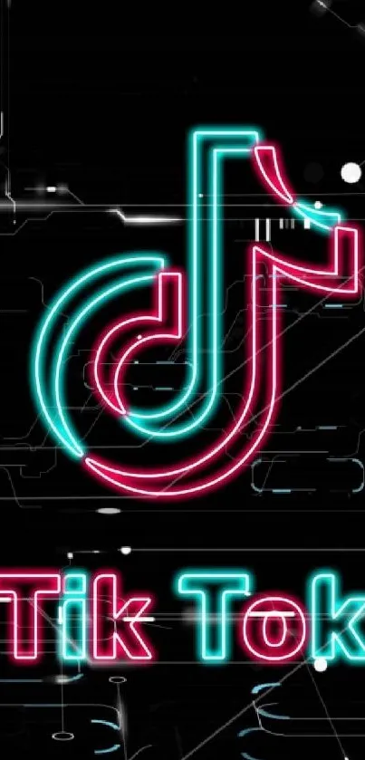 Neon TikTok logo on a black background, vibrant mobile wallpaper.