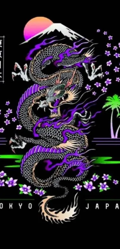 Neon Tokyo dragon with cherry blossoms and palm over black background.