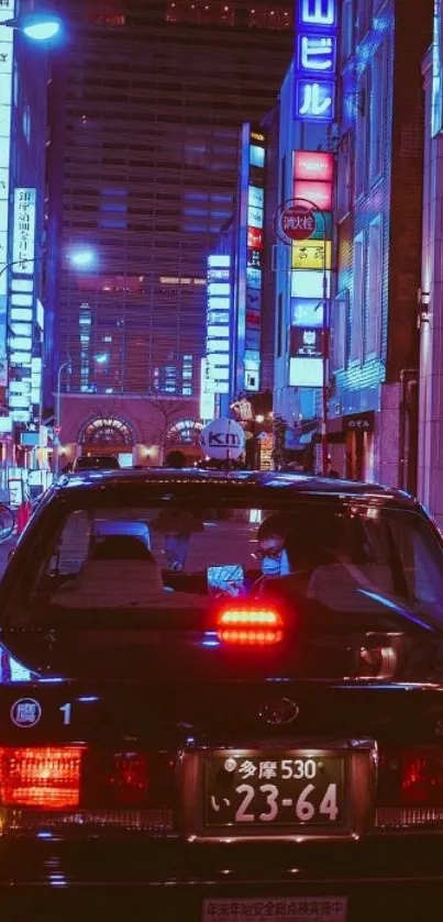 Neon-lit Tokyo street with classic car.