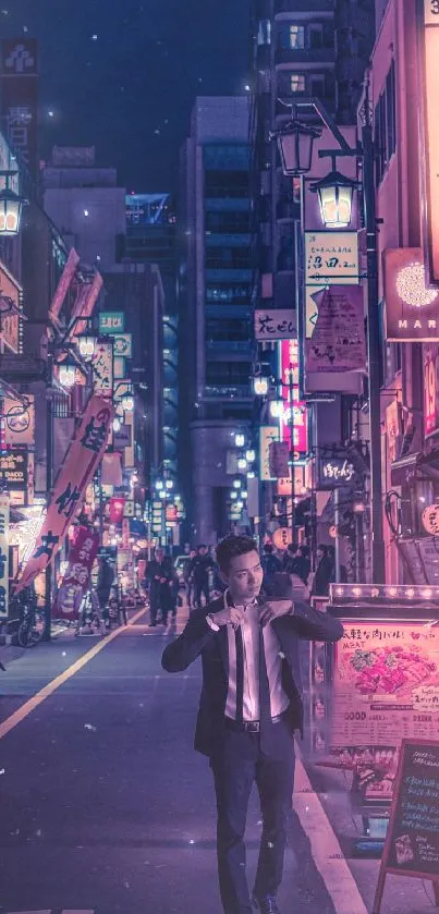 Neon-lit Tokyo street at night with vibrant signs and a suited man walking.