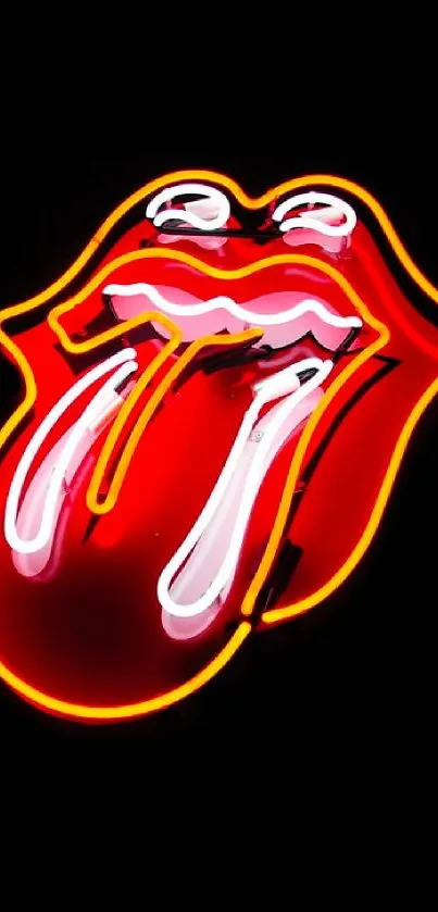 Vibrant neon tongue design, glowing in red and yellow against a black background.