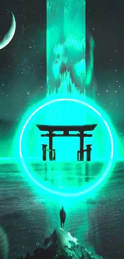 A glowing teal Torii gate over a moonlit ocean, surrounded by a night sky.