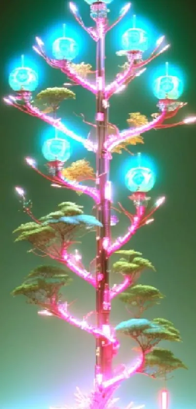 Futuristic neon tree glowing on a dark background.