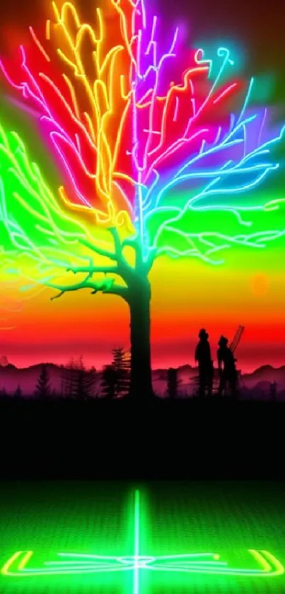 Vibrant neon tree with a silhouette landscape.