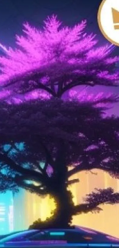 Neon tree with vivid colors against a digital background.
