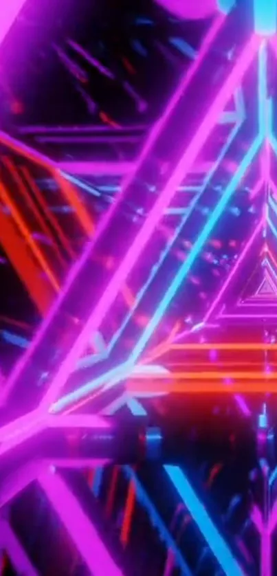 Vibrant neon triangle wallpaper with glowing pink, blue, and orange lines.