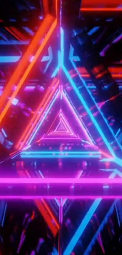 Vibrant neon triangle abstract wallpaper with red, blue, and pink colors.