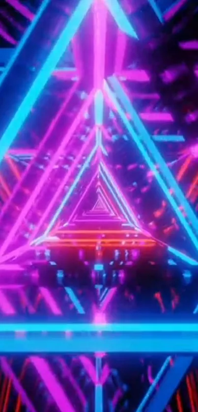 Vibrant neon triangle abstract wallpaper with pink and blue colors.