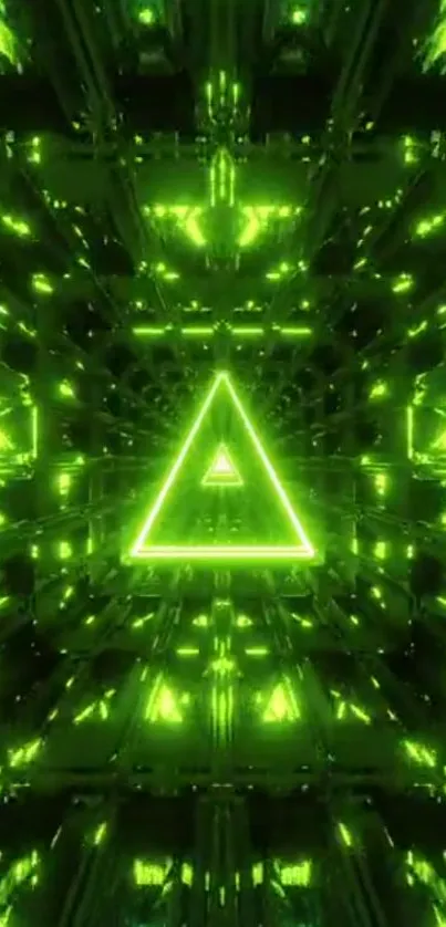 Futuristic neon triangle with green abstract lights.