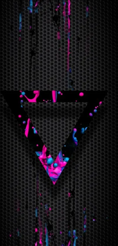 Neon triangle abstract wallpaper with pink and blue splashes on black background.