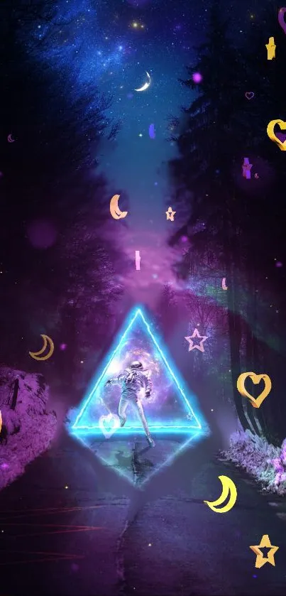 Vibrant neon triangle astronaut in starry forest wallpaper.