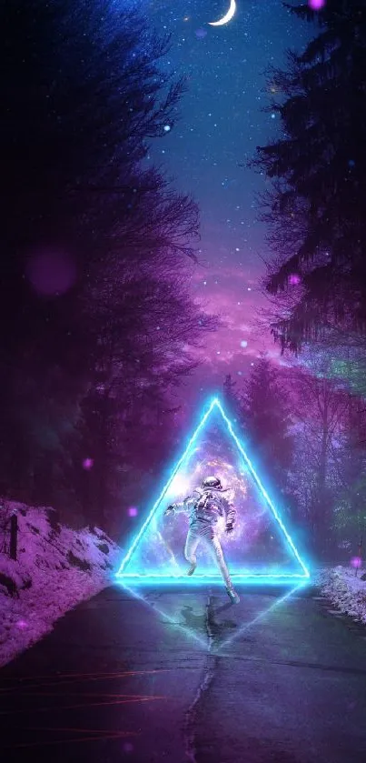 Astronaut with neon triangle in mystical forest